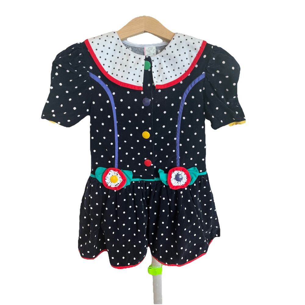 Vintage Baby Togs Dark Navy Velour Polka Dot Dress 6 Clowncore Kidcore Retro 80s